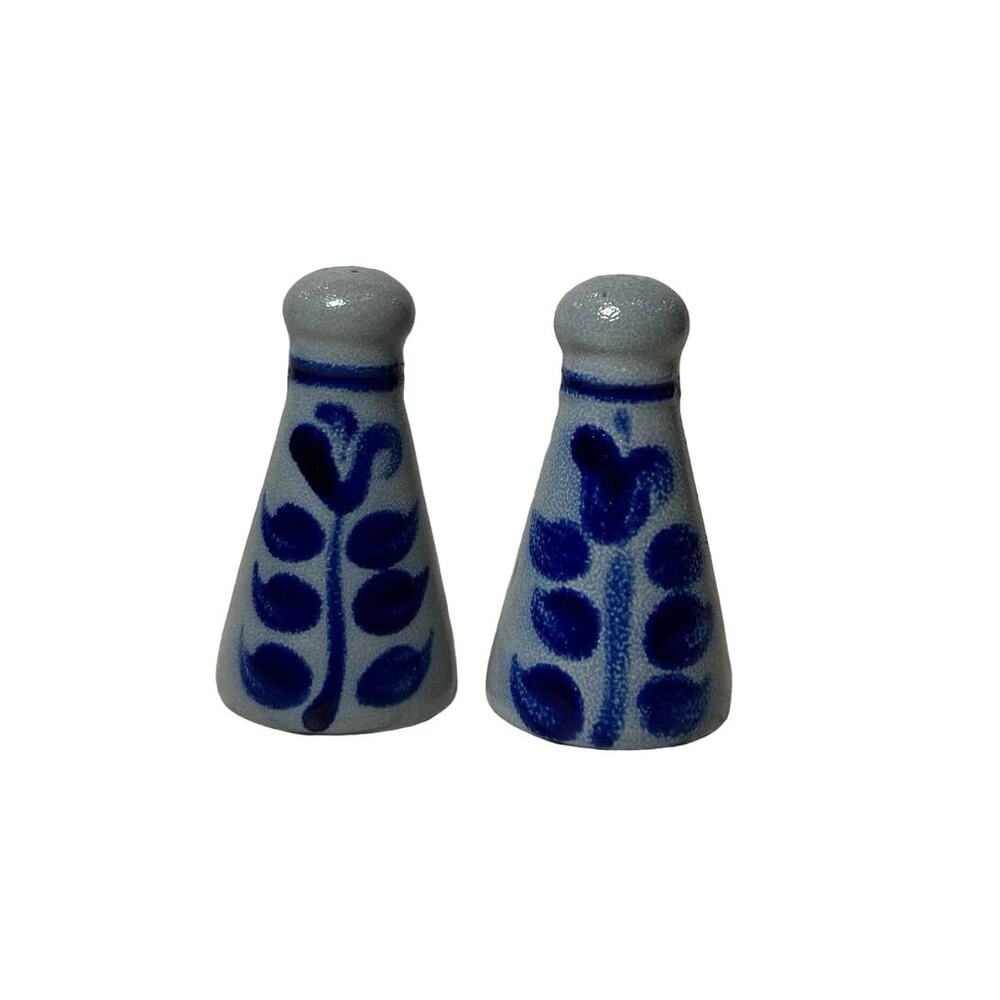 Blue Gray Stoneware Salt Pepper Shakers Hand Painted Floral Folk Art Pottery Set